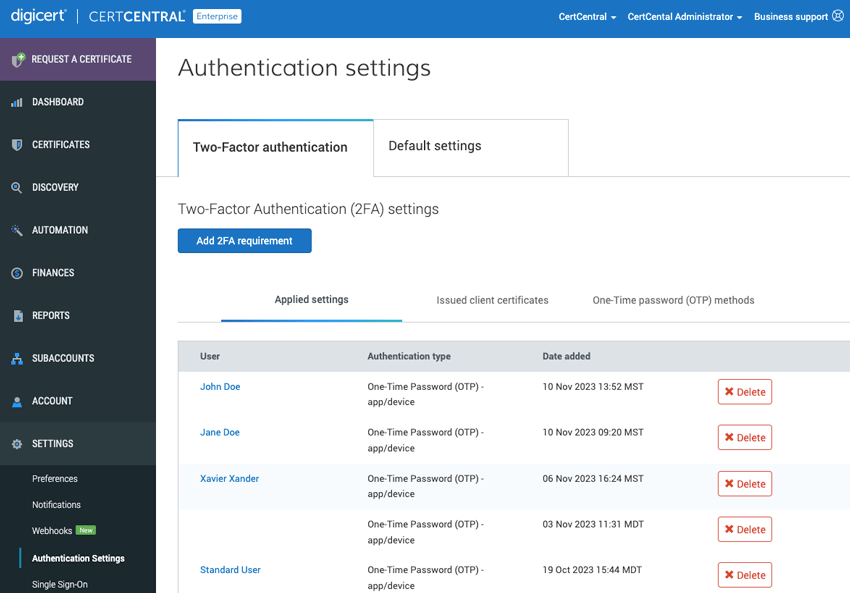 improved-two-factor-authentication-layout.png CertCentral Two-factor Authentication Settings page